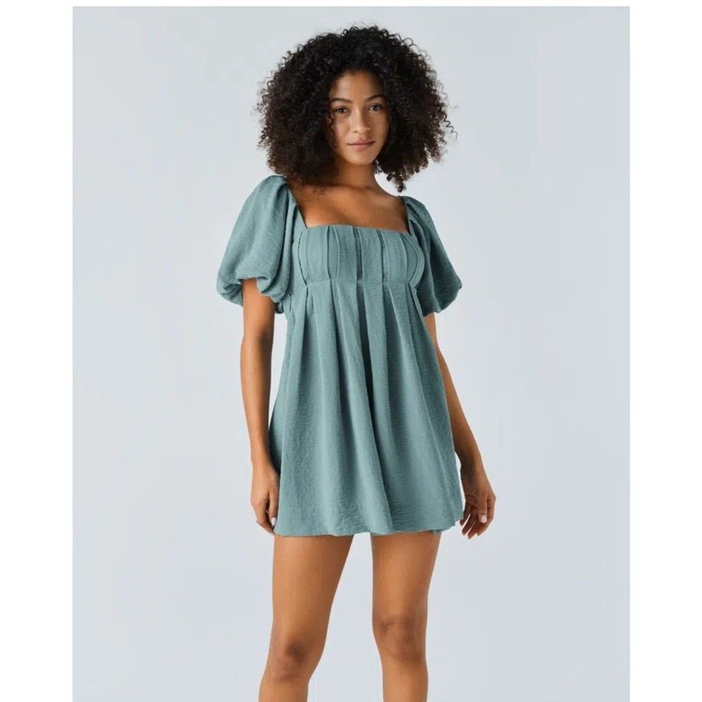 NEW‎ HALARA Morning Dew Green Lace Up Puff Sleeve Babydoll Mini Dress Size XL